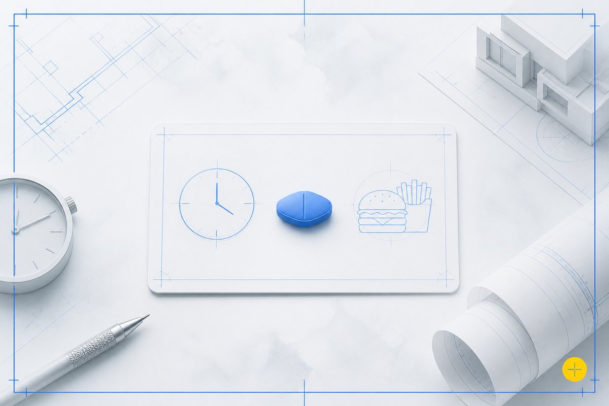 Dinner outline beside a 100 mg sildenafil tablet